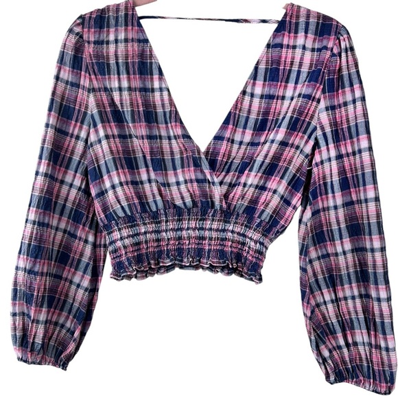 Zara wrapped checkered cropped shirt, XS, ballon sleeves, V-neck, V-Back Smocked - Picture 4 of 12